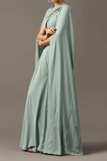 Shop_Pooja Peshoria_Green Polyester Georgette Crystals Draped Top And Sharara Set For Kids_Online_at_Aza_Fashions