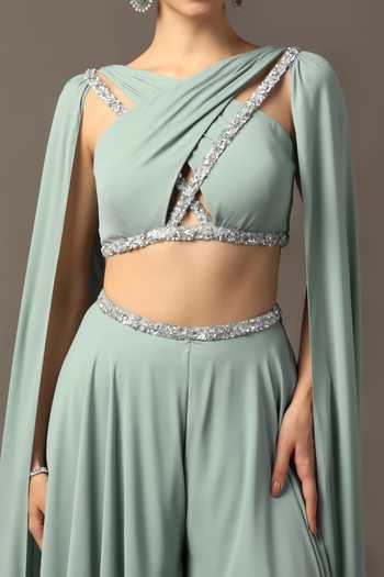 Pooja Peshoria_Green Polyester Georgette Crystals Draped Top And Sharara Set For Kids_at_Aza_Fashions