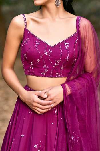 Pooja Peshoria Wine Net, Tulle, Georgette Embroidered Lehenga Set For Kids Online at Aza Fashions Pooja Peshoria_Wine Net, Tulle, Georgette Embroidered Lehenga Set For Kids_Online_at_Aza_Fashions