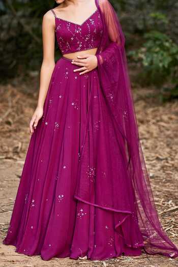 Shop Pooja Peshoria Wine Net, Tulle, Georgette Embroidered Lehenga Set For Kids Online at Aza Fashions Shop_Pooja Peshoria_Wine Net, Tulle, Georgette Embroidered Lehenga Set For Kids_Online_at_Aza_Fashions