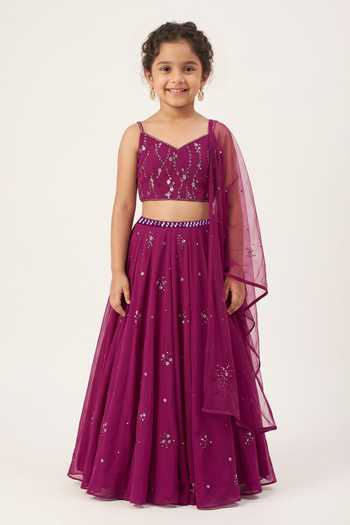 Pooja Peshoria Wine Net, Tulle, Georgette Embroidered Lehenga Set For Kids at Aza Fashions Pooja Peshoria_Wine Net, Tulle, Georgette Embroidered Lehenga Set For Kids_at_Aza_Fashions