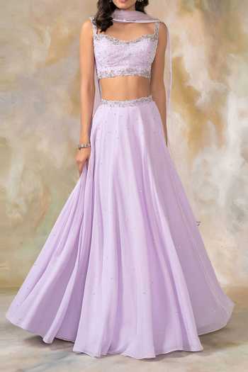 Pooja Peshoria_Purple Net, Georgette Embellished Lehenga Set For Kids_at_Aza_Fashions