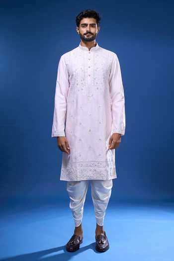 Shop Arihant Rai Sinha Pink Silk Embroidery, Mirrors Floral And Work Kurta Pant Set Online at Aza Fashions Shop_Arihant Rai Sinha_Pink Silk Embroidery, Mirrors Floral And Work Kurta Pant Set _Online_at_Aza_Fashions