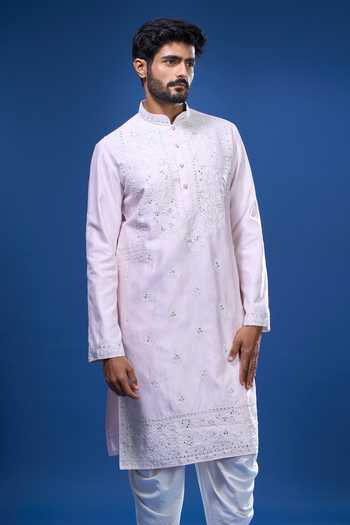 Arihant Rai Sinha Pink Silk Embroidery, Mirrors Floral And Work Kurta Pant Set at Aza Fashions Arihant Rai Sinha_Pink Silk Embroidery, Mirrors Floral And Work Kurta Pant Set _at_Aza_Fashions