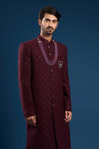 Arihant Rai Sinha Maroon Self Weaving Sherwani & Pant Set 
