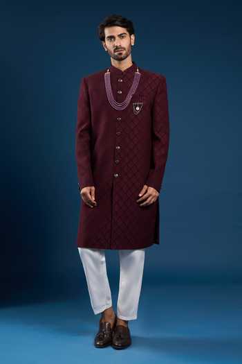 Shop Arihant Rai Sinha Maroon Silk, Cotton Embroidery Self Weaving Sherwani And Pant Set Shop_Arihant Rai Sinha_Maroon Silk, Cotton Embroidery Self Weaving Sherwani And Pant Set