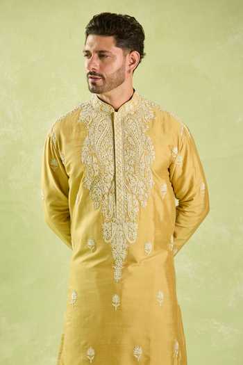 Buy Arihant Rai Sinha Gold Silk, Polyester Embroidery Floral Kurta Set at Aza Fashions Buy_Arihant Rai Sinha_Gold Silk, Polyester Embroidery Floral Kurta Set _at_Aza_Fashions