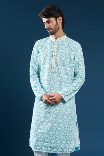 Arihant Rai Sinha Chikankari Firozi Blue Kurta & Pyjama Set 