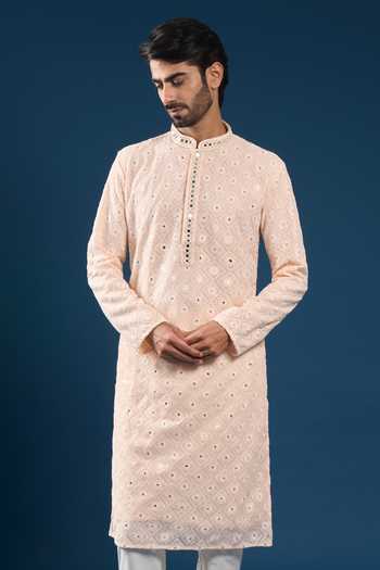 Arihant Rai Sinha Light Peach Chikankari Kurta Pyjama Set 