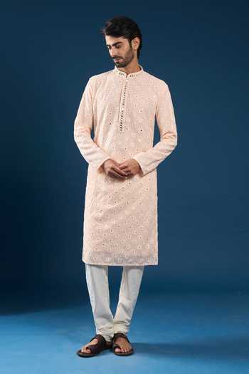 Buy Arihant Rai Sinha Peach Georgette, Polyester, Cotton Embroidery Light Chikankari Kurta Pyjama Set Online at Aza Fashions Buy_Arihant Rai Sinha_Peach Georgette, Polyester, Cotton Embroidery Light Chikankari Kurta Pyjama Set _Online_at_Aza_Fashions
