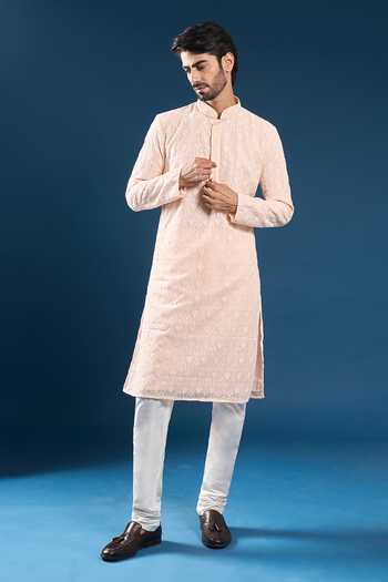 Arihant Rai Sinha Peach Georgette, Polyester, Cotton Embroidery Light Chikankari Kurta Pyjama Set Online at Aza Fashions Arihant Rai Sinha_Peach Georgette, Polyester, Cotton Embroidery Light Chikankari Kurta Pyjama Set _Online_at_Aza_Fashions