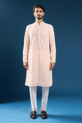 Shop Arihant Rai Sinha Peach Georgette, Polyester, Cotton Embroidery Light Chikankari Kurta Pyjama Set Online at Aza Fashions Shop_Arihant Rai Sinha_Peach Georgette, Polyester, Cotton Embroidery Light Chikankari Kurta Pyjama Set _Online_at_Aza_Fashions