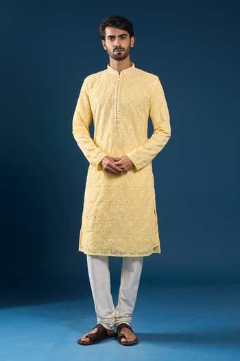 Arihant Rai Sinha Yellow Georgette, Polyester, Cotton Embroidery Chikankari Kurta And Pyjama Set at Aza Fashions Arihant Rai Sinha_Yellow Georgette, Polyester, Cotton Embroidery Chikankari Kurta And Pyjama Set _at_Aza_Fashions