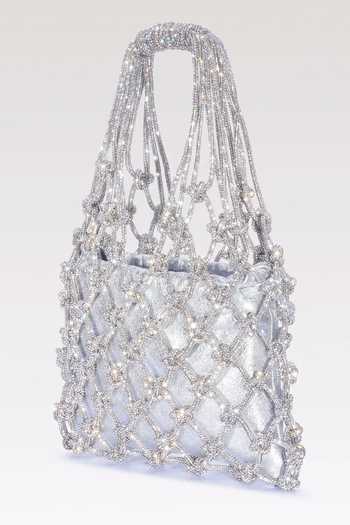 FOREVER NOOR Silver Satin Mesh Rhinestone Bag at Aza Fashions FOREVER NOOR_Silver Satin Mesh Rhinestone Bag _at_Aza_Fashions