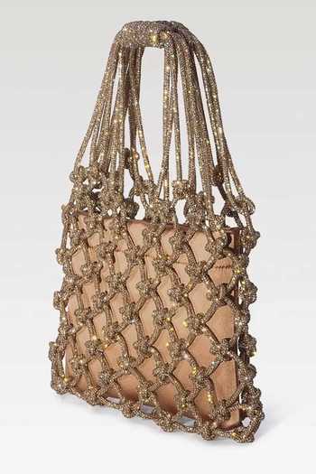 FOREVER NOOR Gold Satin Mesh Rhinestone Bag Online at Aza Fashions FOREVER NOOR_Gold Satin Mesh Rhinestone Bag _Online_at_Aza_Fashions