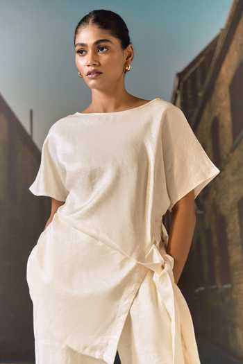 Maison Aguise Off White Satin Boat Neck Ecru Draped Top And Pant Set Online at Aza Fashions Maison Aguise_Off White Satin Boat Neck Ecru Draped Top And Pant Set _Online_at_Aza_Fashions