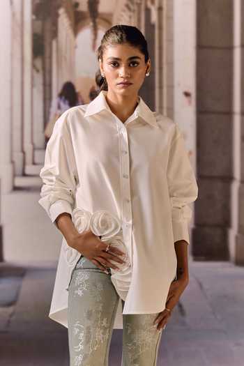 Maison Aguise White Cotton Collared Neck 3d Rose Applique Work Shirt Online at Aza Fashions Maison Aguise_White Cotton Collared Neck 3d Rose Applique Work Shirt _Online_at_Aza_Fashions