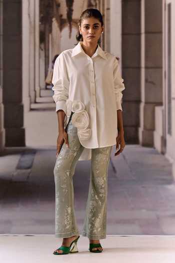 Buy Maison Aguise White Cotton Collared Neck 3d Rose Applique Work Shirt Online at Aza Fashions Buy_Maison Aguise_White Cotton Collared Neck 3d Rose Applique Work Shirt _Online_at_Aza_Fashions