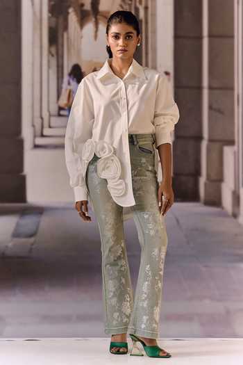 Shop Maison Aguise White Cotton Collared Neck 3d Rose Applique Work Shirt Online at Aza Fashions Shop_Maison Aguise_White Cotton Collared Neck 3d Rose Applique Work Shirt _Online_at_Aza_Fashions