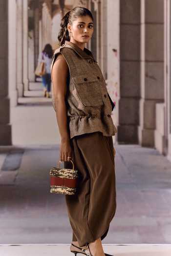 Maison Aguise Brown Suede, Twill Choco Barrel Leg Trouser at Aza Fashions Maison Aguise_Brown Suede, Twill Choco Barrel Leg Trouser _at_Aza_Fashions