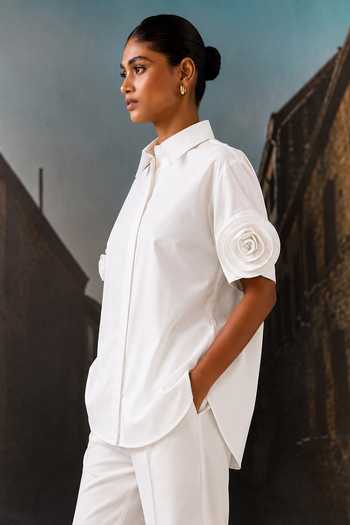 Maison Aguise White Cotton Collared Neck Rosette Sleeve Shirt Online at Aza Fashions Maison Aguise_White Cotton Collared Neck Rosette Sleeve Shirt _Online_at_Aza_Fashions