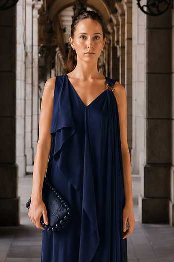 Maison Aguise Blue Satin Asymmetric Neck V Draped Dress Online at Aza Fashions Maison Aguise_Blue Satin Asymmetric Neck V Draped Dress _Online_at_Aza_Fashions