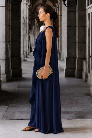 Buy Maison Aguise Blue Satin Asymmetric Neck V Draped Dress Online at Aza Fashions Buy_Maison Aguise_Blue Satin Asymmetric Neck V Draped Dress _Online_at_Aza_Fashions