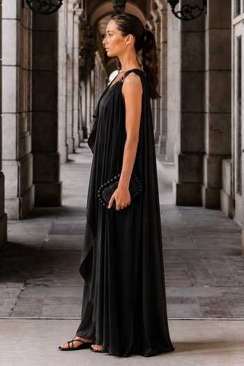 Maison Aguise Black Satin V-neck V Draped Dress Online at Aza Fashions Maison Aguise_Black Satin V-neck V Draped Dress _Online_at_Aza_Fashions