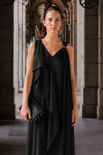 Buy Maison Aguise Black Satin V-neck V Draped Dress Online at Aza Fashions Buy_Maison Aguise_Black Satin V-neck V Draped Dress _Online_at_Aza_Fashions
