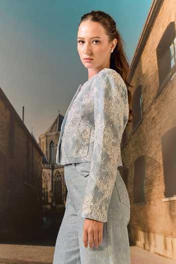 Maison Aguise Lace & Denim Cropped Jacket 