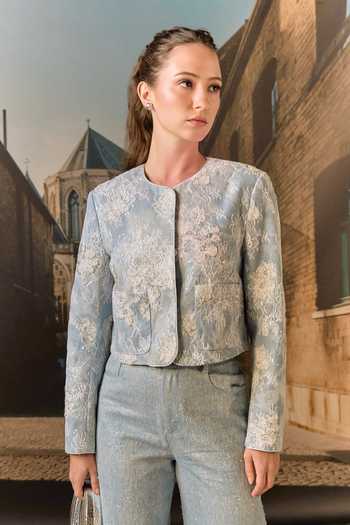 Maison Aguise Sky Blue Denim, Lace Round Neck And Cropped Jacket Online at Aza Fashions Maison Aguise_Sky Blue Denim, Lace Round Neck And Cropped Jacket _Online_at_Aza_Fashions