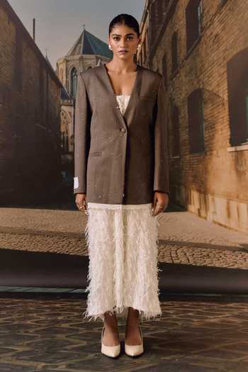 Shop Maison Aguise Grey Wool Lace Detailed Blazer Online at Aza Fashions Shop_Maison Aguise_Grey Wool Lace Detailed Blazer _Online_at_Aza_Fashions