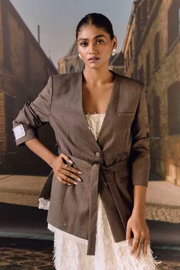 Maison Aguise Lace Detailed Wool Blazer 