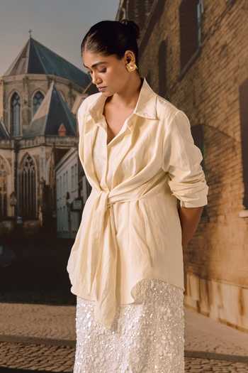 Maison Aguise Beige Cotton Collared Neck Tie-up Shirt Online at Aza Fashions Maison Aguise_Beige Cotton Collared Neck Tie-up Shirt _Online_at_Aza_Fashions