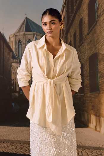 Buy Maison Aguise Beige Cotton Collared Neck Tie-up Shirt Online at Aza Fashions Buy_Maison Aguise_Beige Cotton Collared Neck Tie-up Shirt _Online_at_Aza_Fashions