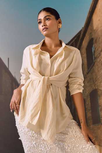 Shop Maison Aguise Beige Cotton Collared Neck Tie-up Shirt Online at Aza Fashions Shop_Maison Aguise_Beige Cotton Collared Neck Tie-up Shirt _Online_at_Aza_Fashions