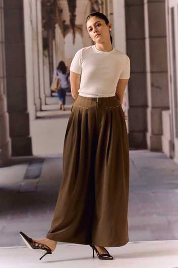 Maison Aguise Coffee Pintucked Tailored Trouser