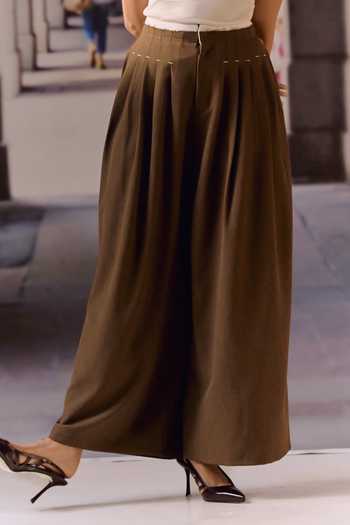 Maison Aguise Brown Cotton, Twill Coffee Pintucked Tailored Trouser Online at Aza Fashions Maison Aguise_Brown Cotton, Twill Coffee Pintucked Tailored Trouser _Online_at_Aza_Fashions