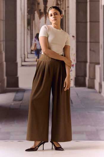 Maison Aguise Coffee Pintucked Tailored Trouser