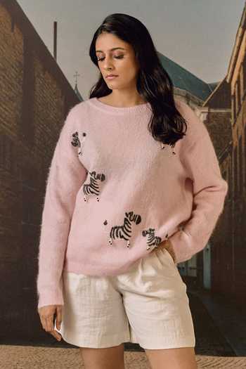 Maison Aguise Pink Zebra Motif Knit Cardigan 