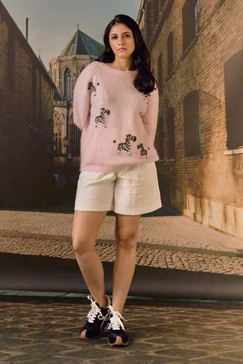 Shop Maison Aguise Pink Knit Zebra Motif Cardigan Online at Aza Fashions Shop_Maison Aguise_Pink Knit Zebra Motif Cardigan _Online_at_Aza_Fashions