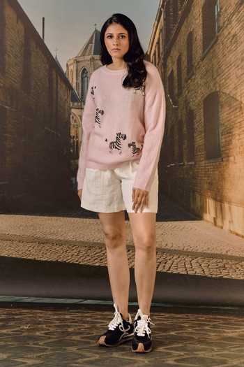 Maison Aguise Pink Knit Zebra Motif Cardigan at Aza Fashions Maison Aguise_Pink Knit Zebra Motif Cardigan _at_Aza_Fashions