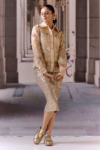 Maison Aguise_Beige Lycra Sequin Embellished Midi Skirt _Online_at_Aza_Fashions