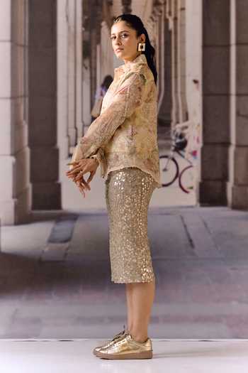 Buy_Maison Aguise_Beige Lycra Sequin Embellished Midi Skirt _Online_at_Aza_Fashions