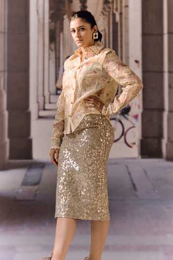 Buy_Maison Aguise_Beige Lycra Sequin Embellished Midi Skirt 