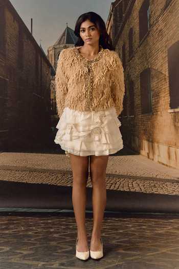 Maison Aguise Ivory Silk, Tissue Layered Ruffle Mini Skirt Online at Aza Fashions Maison Aguise_Ivory Silk, Tissue Layered Ruffle Mini Skirt _Online_at_Aza_Fashions