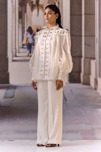Shop Maison Aguise White Linen High Neck Pintucked Blouse Online at Aza Fashions Shop_Maison Aguise_White Linen High Neck Pintucked Blouse _Online_at_Aza_Fashions