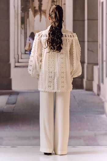 Shop Maison Aguise White Linen High Neck Pintucked Blouse at Aza Fashions Shop_Maison Aguise_White Linen High Neck Pintucked Blouse _at_Aza_Fashions