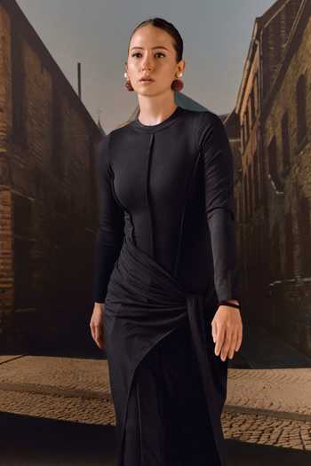 Buy Maison Aguise Black Knit Crew Neck Tie-waist Maxi Dress Online at Aza Fashions Buy_Maison Aguise_Black Knit Crew Neck Tie-waist Maxi Dress _Online_at_Aza_Fashions