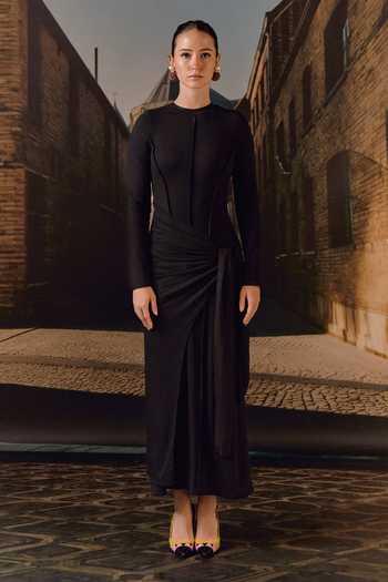 Shop Maison Aguise Black Knit Crew Neck Tie-waist Maxi Dress Online at Aza Fashions Shop_Maison Aguise_Black Knit Crew Neck Tie-waist Maxi Dress _Online_at_Aza_Fashions
